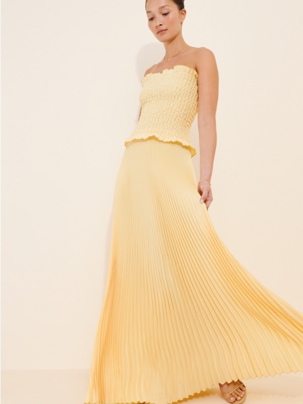 L'IDÉE Maya Texture Gown, Ruched and Pleated Satin Maxi Dress in Butter Yelllow